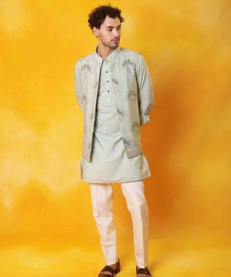 Grey matka silk plain nehru jacket 5