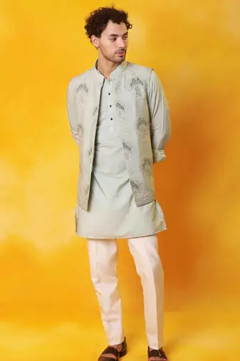 Grey matka silk plain nehru jacket