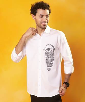 White cotton abstract printed men shirt 1
