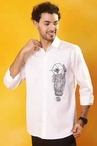 White cotton abstract printed men shirt