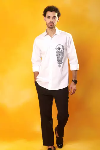 White cotton abstract printed men shirt