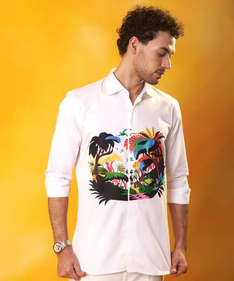 White abstract printed cotton  men shirt 1
