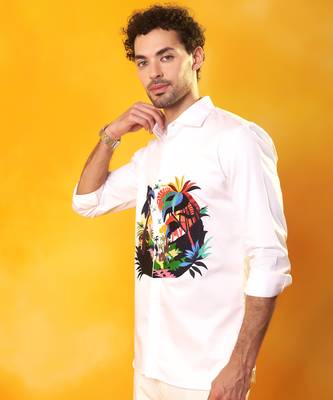 White abstract printed cotton  men shirt 2