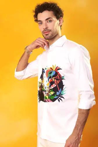 White abstract printed cotton  men shirt