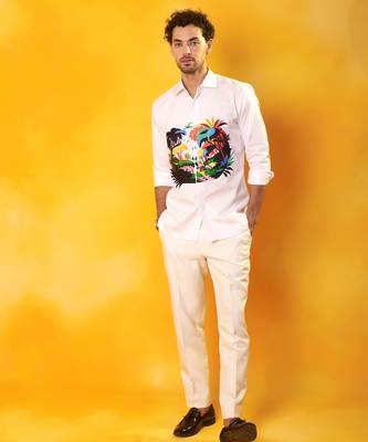 White abstract printed cotton  men shirt 4