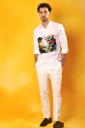 White abstract printed cotton  men shirt