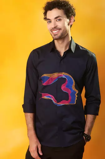 Navy blue cotton printed men shirt