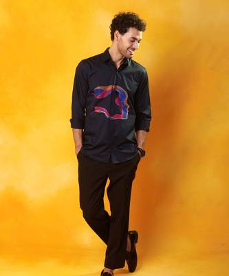 Navy blue cotton printed men shirt 3