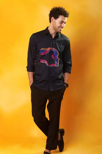 Navy blue cotton printed men shirt