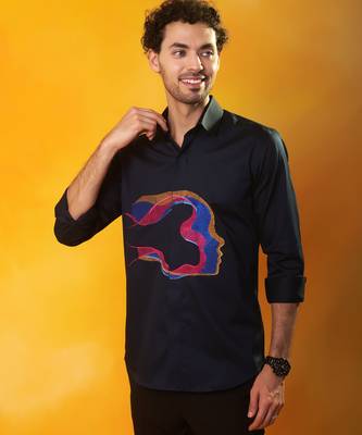 Navy blue cotton printed men shirt 4