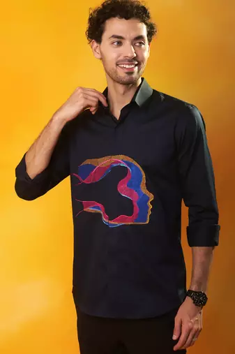 Navy blue cotton printed men shirt