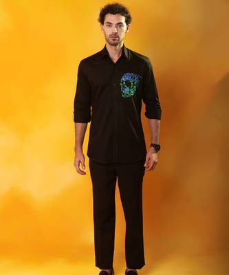 Black cotton plain men shirt with skull print 1