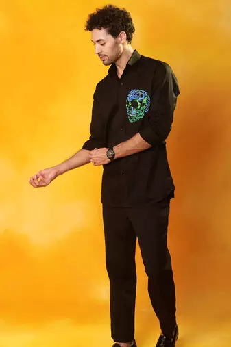 Black cotton plain men shirt with skull print
