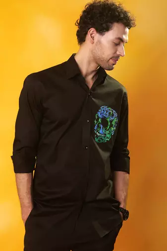 Black cotton plain men shirt with skull print