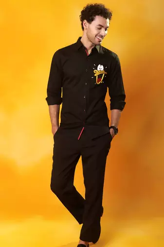 Black cotton plain men shirt with duck embroidery