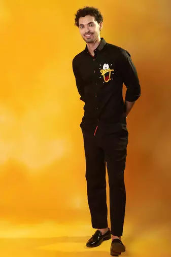 Black cotton plain men shirt with duck embroidery