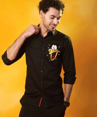 Black cotton plain men shirt with duck embroidery 4