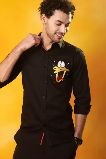 Black cotton plain men shirt with duck embroidery