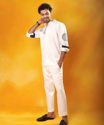 White crepe plain men shirt & pant set 2