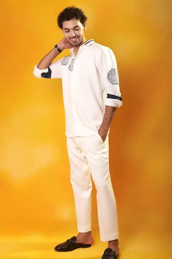 White crepe plain men shirt & pant set