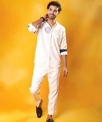 White crepe plain men shirt & pant set 3