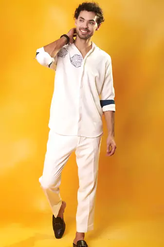 White crepe plain men shirt & pant set