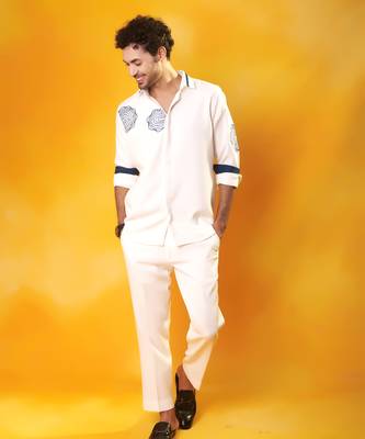 White crepe plain men shirt & pant set 4