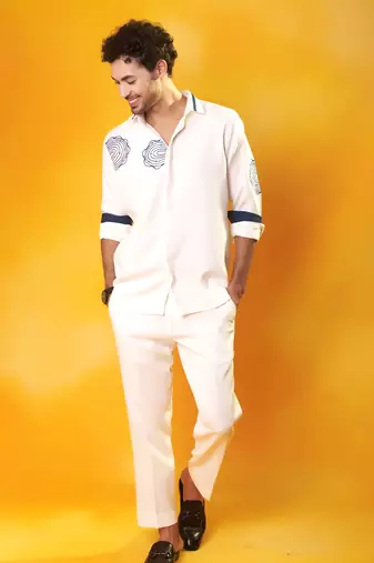 White crepe plain men shirt & pant set