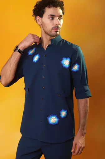Blue crepe printed men shirt & pant