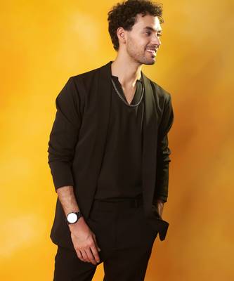 Black crepe plain men jacket set 2