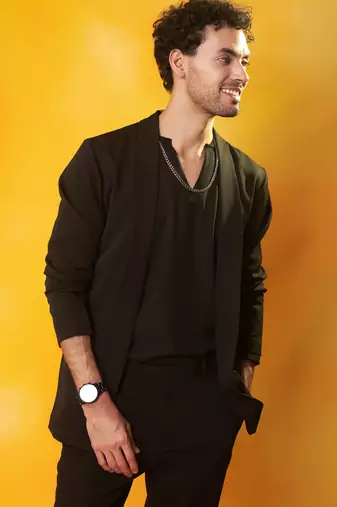 Black crepe plain men jacket set