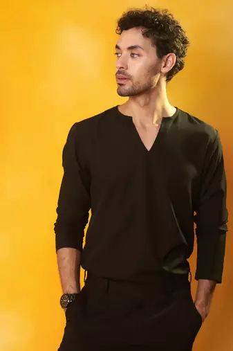 Black crepe plain men jacket set