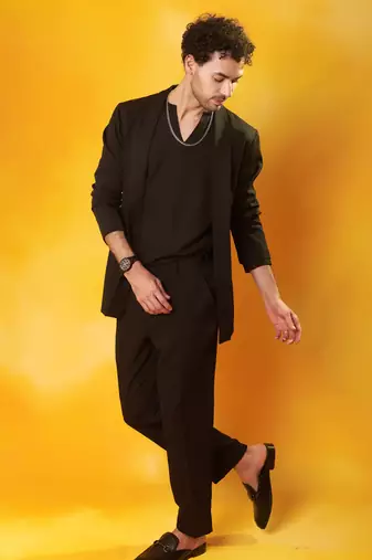 Black crepe plain men jacket set