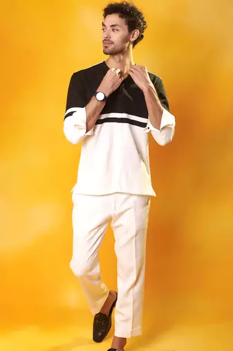Black & white crepe plain men shirt & pant