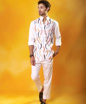 White crepe printed men shirt & pant 1
