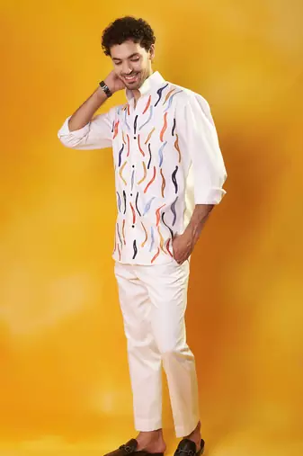 White crepe printed men shirt & pant
