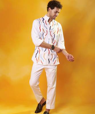 White crepe printed men shirt & pant 3