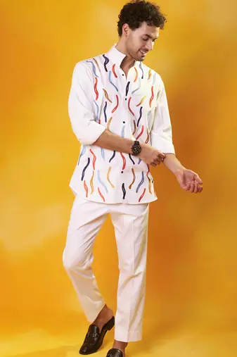 White crepe printed men shirt & pant