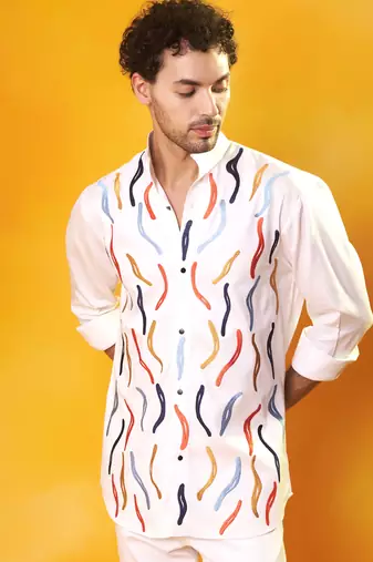 White crepe printed men shirt & pant