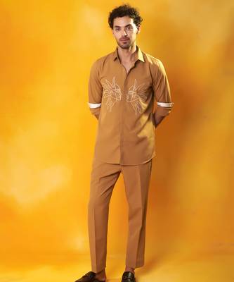 Gold crepe printed men shirt & pant 1