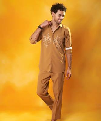 Gold crepe printed men shirt & pant 2