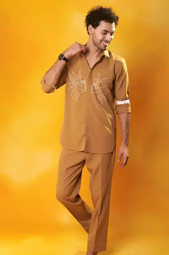 Gold crepe printed men shirt & pant