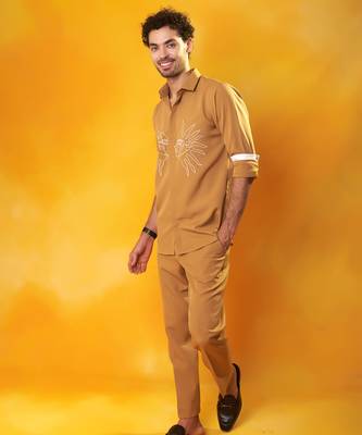 Gold crepe printed men shirt & pant 3