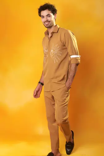 Gold crepe printed men shirt & pant