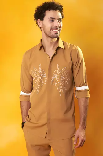 Gold crepe printed men shirt & pant