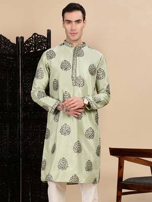 Green silk blend sequins kurta for mens 1