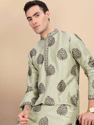 Green silk blend sequins kurta for mens 2