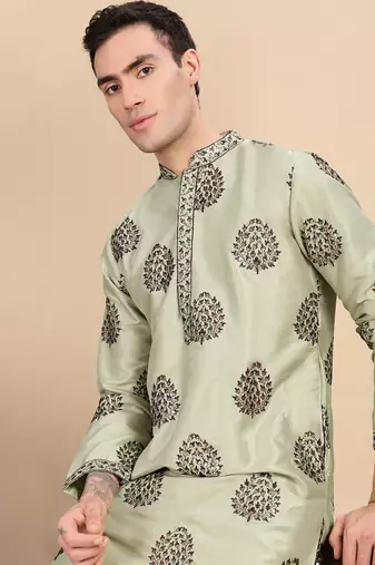 Green silk blend sequins kurta for mens