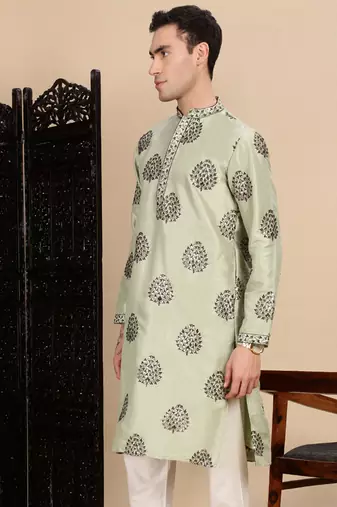 Green silk blend sequins kurta for mens