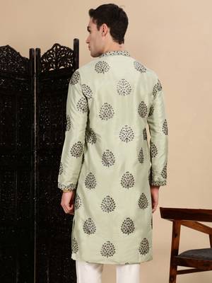 Green silk blend sequins kurta for mens 4